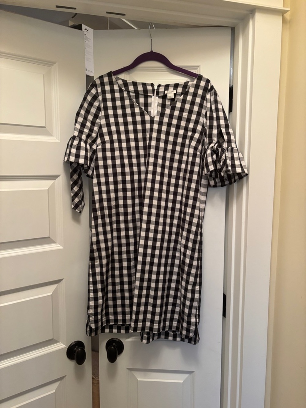 J Crew Factory Black & White Gingham Shift Dress with Tie Sleeves